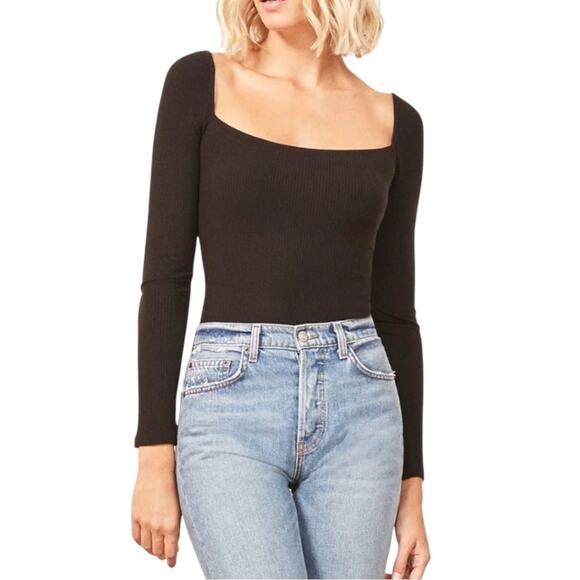 Reformation Jeans Gaia Long Sleeve Rib Square Neck Black Bodysuit SMALL - Picture 3 of 6